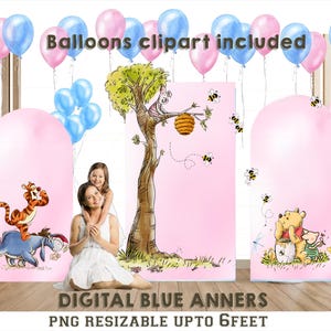 classic winnie the Pooh birthday Backdrop/8x5 Feet  Giant Pink Classic Winnie The Pooh Backdrop in DIGITAL 5 FILE Instant Download, bundle