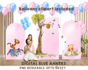 Pink Winnie the Pooh Birthday Backdrop: Classic Watercolor Design (Digital Download, 8x5 Feet Bundle)