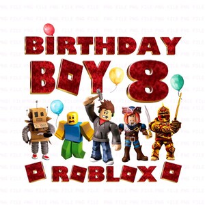 Puede incluir: Gráfico digital con las palabras "BIRTHDAY BOY 8" en rojo con bordes dorados, y la palabra "ROBLOX" en rojo. Incluye personajes de dibujos animados y globos de colores, ideal para una celebración de cumpleaños.