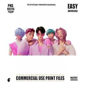 Puede incluir: Ilustraci&oacute;n digital de cinco figuras estilizadas con cabello azul, rosa y morado, vestidas con ropa rosa y blanca. La imagen incluye texto: "PNG DIGITAL DESIGNS", "300 DPI RESIZABLE TRANSPARENT BACKGROUNG", "EASY DOWNLOAD", "COMMERCIAL USE PRINT FILES" e "INSTANT DOWNLOAD".