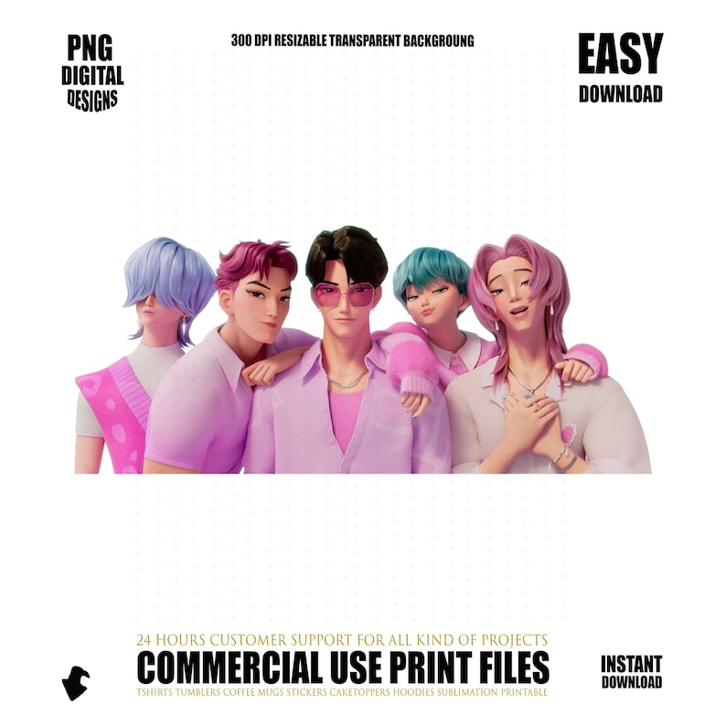 Puede incluir: Ilustraci&oacute;n digital de cinco figuras estilizadas con cabello azul, rosa y morado, vestidas con ropa rosa y blanca. La imagen incluye texto: "PNG DIGITAL DESIGNS", "300 DPI RESIZABLE TRANSPARENT BACKGROUNG", "EASY DOWNLOAD", "COMMERCIAL USE PRINT FILES" e "INSTANT DOWNLOAD".