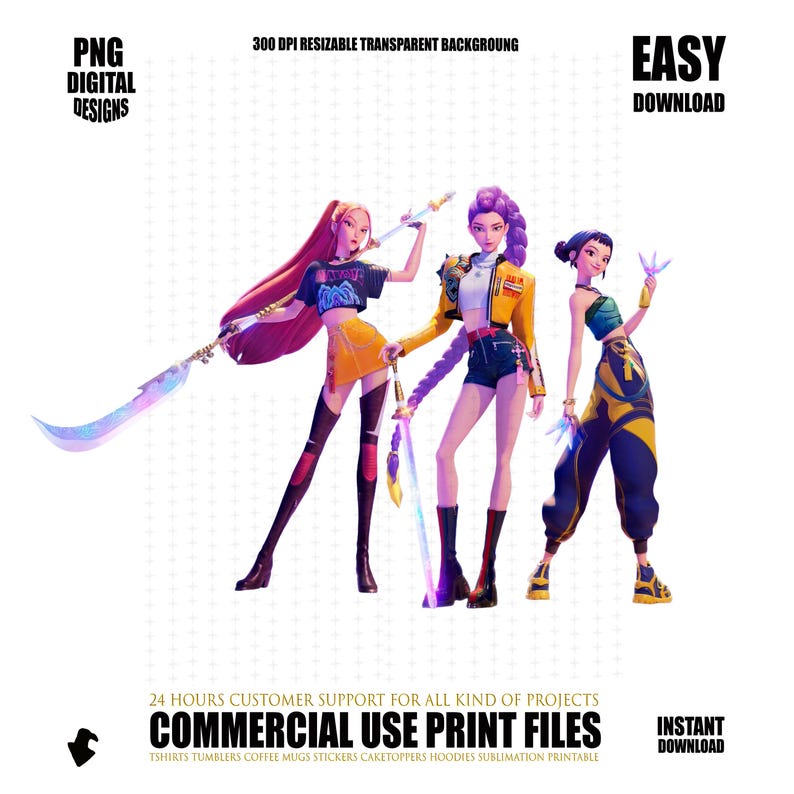 Puede incluir: Ilustraci&oacute;n digital de tres figuras femeninas estilizadas con espadas, vestidas con atuendos modernos y coloridos. El texto incluye "PNG DIGITAL DESIGNS", "300 DPI RESIZABLE TRANSPARENT BACKGROUNG", "EASY DOWNLOAD", "COMMERCIAL USE PRINT FILES", e "INSTANT DOWNLOAD".