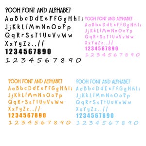 Może przedstawiać: Grafika z tekstem "POOH FONT AND ALPHABET" w czterech schematach kolor&oacute;w: czarnym, r&oacute;żowym, pomarańczowym i niebieskim. Każdy schemat przedstawia alfabet i cyfry od 1 do 0.