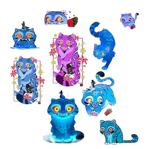 Puede incluir: Ilustraciones de gatos de dibujos animados caprichosos en varias poses y colores, incluyendo azul, morado y turquesa. Algunos gatos tienen accesorios como sombreros y flores, y algunos est&aacute;n en marcos. El tema general es juguet&oacute;n y art&iacute;stico.