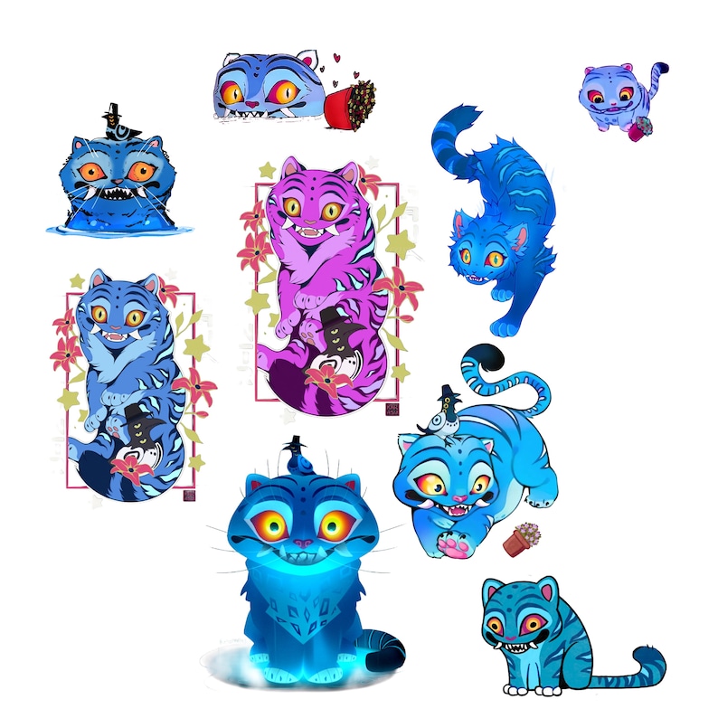 Puede incluir: Ilustraciones de gatos de dibujos animados caprichosos en varias poses y colores, incluyendo azul, morado y turquesa. Algunos gatos tienen accesorios como sombreros y flores, y algunos est&aacute;n en marcos. El tema general es juguet&oacute;n y art&iacute;stico.