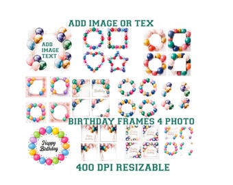 Watercolor Birthday Balloon Frame Clipart: Party Invitation PNG Bundle (Digital Download)
