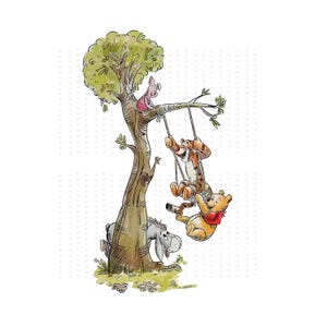 May include: A watercolour illustration featuring Winnie the Pooh, Tigger, Piglet, and Eeyore. Winnie the Pooh and Tigger swing on rope swings, Piglet sits in the tree, and Eeyore is at the tree's base. A whimsical scene.