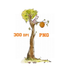 Può includere: Illustrazione ad acquerello di un albero con un personaggio di maiale seduto su un ramo vicino a un alveare. L'albero ha foglie verdi e un tronco marrone. Il testo "300 DPI PNG" è arancione.