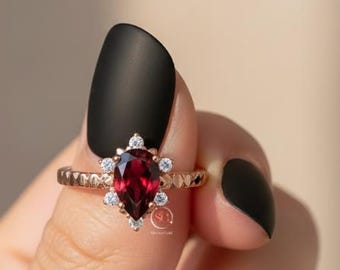 Garnet Teardrop Ring, 18K Rose Gold Plated 925 Silver, Pear Cut Vintage Engagement Ring