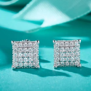 Square Pave Stud Earrings | 925 Silver Iced Out Screw Back | Simulated Diamonds | Hip Hop Style Unisex Earrings