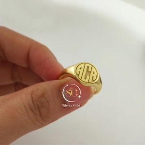 Personalized Signet Ring, Custom Monogram Ring, 925 Sterling Silver 18K Gold Plated Ring, 10mm Engraved Initial Ring for Women