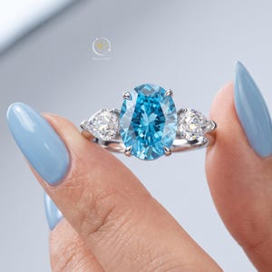 Oval Lab Sapphire Ruby Aquamarine Ring 925 Sterling Silver Pear Side Stone Engagement Ring Vintage Wedding Gift for Her