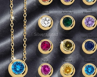 Personalized Birthstone Necklace, 14K Gold Plated Stainless Steel, Minimalist Crystal Pendant