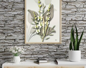 Impressão de parede floral branca, download digital botânico, decoração minimalista moderna, impressão de flores neutras, arte para impressão instantânea, 5 tamanhos JPG