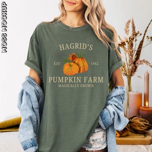 May include: Olive green t-shirt with the text "Hagrid's Pumpkin Farm" and a graphic of two orange pumpkins. The shirt also includes the text "Est 1962" and "Magically Grown".