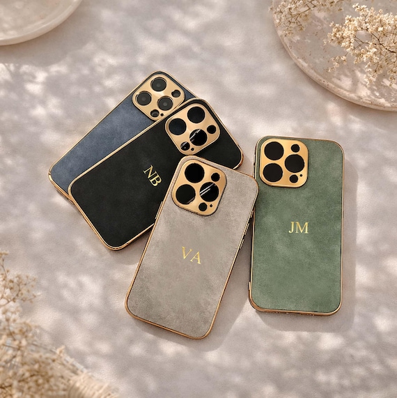 Personalized iPhone Case Custom Name, Vegan Leather Suede Phone Case with Gold Initials, Luxury Soft Case for iPhone 17 16 15 14 13 12 11