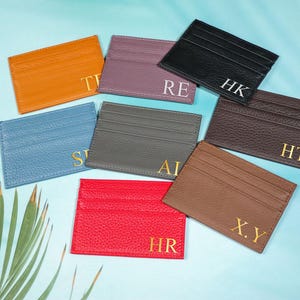 Leather card holder with gold foil lettering,custom initials,credit card holder,personalized small card leather wallet,simple,corporate gift