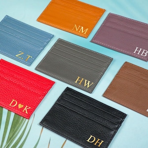 Genuine leather colored card holder, personalized wedding gift ideas, monogram leather credit card wallet, custom initials, corporate gifts