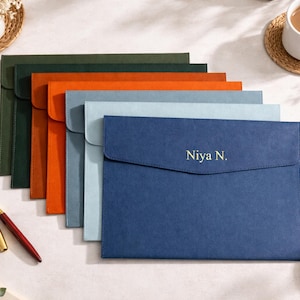 May include: A selection of coloured document holders in green, orange, blue, and navy. The navy blue holder in the front has the name "Niya N." printed on it. A pen and a cup of coffee are also visible.