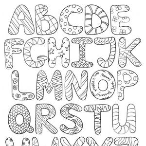 26 páginas para colorear del alfabeto, imprimibles para colorear, para niños, para preescolar, con letras de la A a la Z.