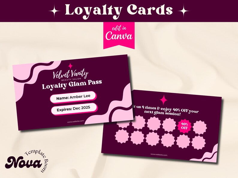 Editable Chic Pink Retro Glam Loyalty Card & Customer Reward Canva ...