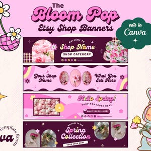 6 Retro Spring Etsy Shop Banners Canva Templates, Groovy Flower Power Aesthetic Shop Kit, Storefront Branding, Easter Pack, The Bloom Pop