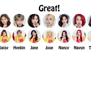 May include: A grid of 10 round images of female K-pop idols. Each image has a white background and features a different idol with a different expression. The images are labelled with the names of the idols: Ahin, Daisy, Hyebin, Jane, Jooe, Nancy, Nayun, Taeha, and Yeonwoo.