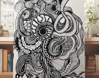 Black White Abstract Line Art Print: Zentangle Inspired Maximalist Poster