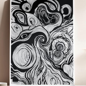 Surrealistische inkttekeningafdruk: zwart-witte abstracte wervelende lijnen (digitale download)
