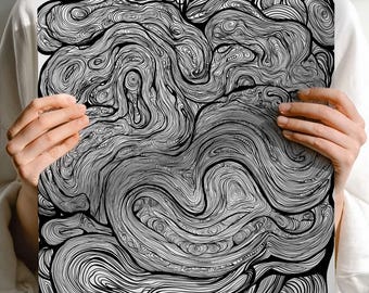 Abstract Line Art Print, Organic Topographic Poster, Black and White Wall Decor