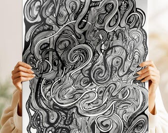 Abstract Line Art Print | Organic Shapes Black White Wall Art
