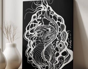 Abstract Black White Ink Art Print, Surreal Zentangle Poster (Digital Download)