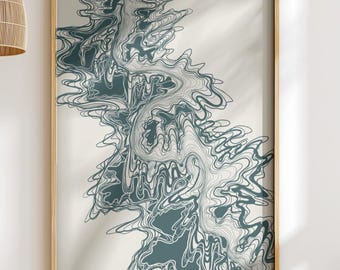 Abstract Biomorphic Line Art Patina Blue Optical Illusion Poster MIDImalism Decor | Printable