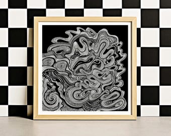 Zentangle Abstract Ink Art | Trippy Black and White Square Poster | Printable | Digital Download