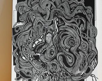 Trippy Zentangle Art Print: Black & White Optical Illusion (Digital Download)