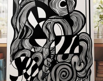 Zentangle Surreal Ink Drawing: Trippy Black and White Wall Art (Digital Download