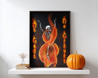 Póster de esqueleto de Halloween / Arte mural de calavera de fuego gótica / Impresión digital espeluznante para decoración de habitaciones de terror y punk