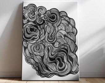 Maximalist Wall Decor Black and White Print, Dark Eclectic Poster, Abstract Line Art Digital