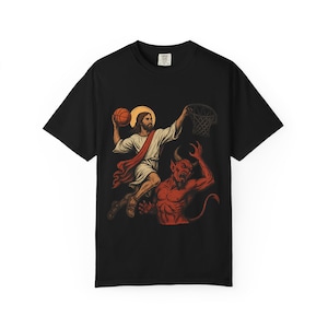 Jesus vs Satan Slam Dunk Unisex Tee, Christian Graphic Tshirt, Faith Streetwear Apparel, Heavenly Energy Shirt, Bold Religious Statement