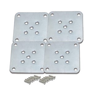 May include: Four square metal furniture leg mounting plates with multiple screw holes. The plates are silver and come with a set of screws for installation. Ideal for furniture repair or construction projects.