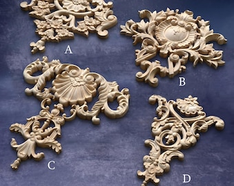 Top & Bottom Wood Appliqué for Wall Millwork Ornates, Furniture Ornate Moulding Appliques