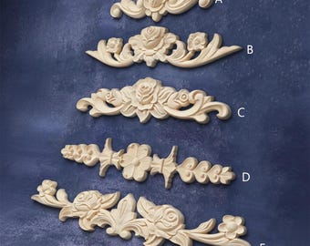 5" to 16" Horizontal Stretched Carved Wood Appliqué, Cabinet Ornate DIY Onlays