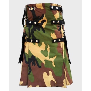 Woodland Camouflage Utility Kilt for Men – Military Camo Tactical Kilt | Adjustable Combat Workwear Utility Cargo Kilt