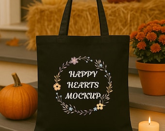 Mockup di borsa in tela per Halloween, Mockup di borsa della spesa nera in tela, Mockup di stagione spettrale, Dolcetto o scherzetto, Download del modello di mockup