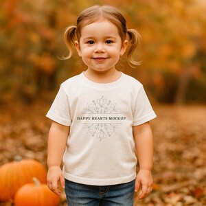 May include: A young child wearing a cream-colored t-shirt with the text "HAPPY HEARTS MOCKUP" and a floral design. The child is wearing blue jeans and has their hair in pigtails. Two pumpkins are in the foreground, with a blurred autumn background.