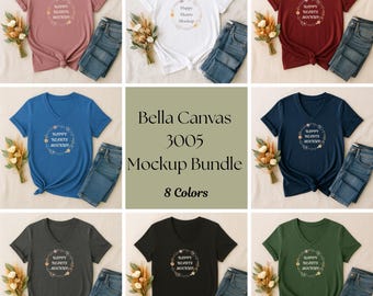 Bella Canvas 3005 Mockup Bundle  Flatlay V-Neck T-Shirt Mockup
