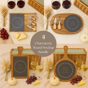 May include: A charcuterie board mockup bundle featuring four different wooden boards with slate inserts. Each board is accompanied by cheese knives, grapes, cheese, and wine glasses. The boards have the text "HAPPY HEARTS MOCKUP".
