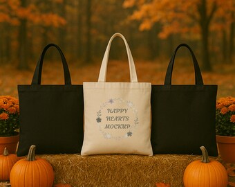 Halloween Einkaufstasche Mockup Herbst Leinwand Schwarz & Hellbraun Einkaufstasche Mockup, Gruselige Saison Mockup Süßes oder Saures Mockup Vorlage Download