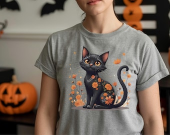 Black Cat Halloween Clipart PNG: Floral Fall Design (Digital Download