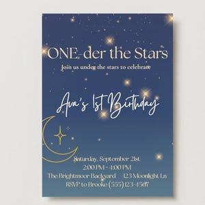 Editable First Birthday Invitation | One-der the Stars Theme | Celestial Party | Space l Stars l Instant Download | Canva Template |
